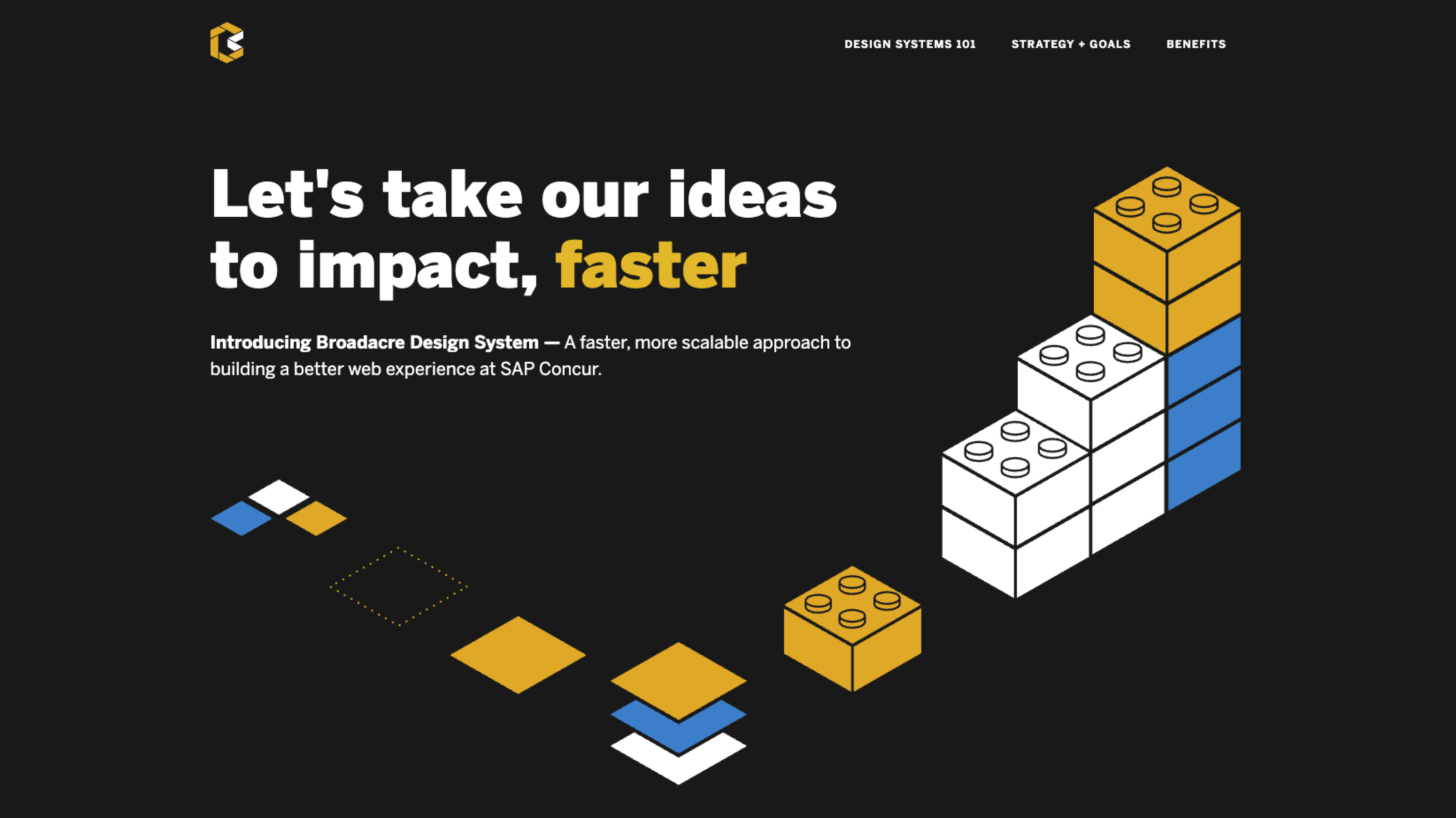 The Hypesite, Broadacre Design System's internal launch page, reading 'Let's take our ideas to impact, faster'