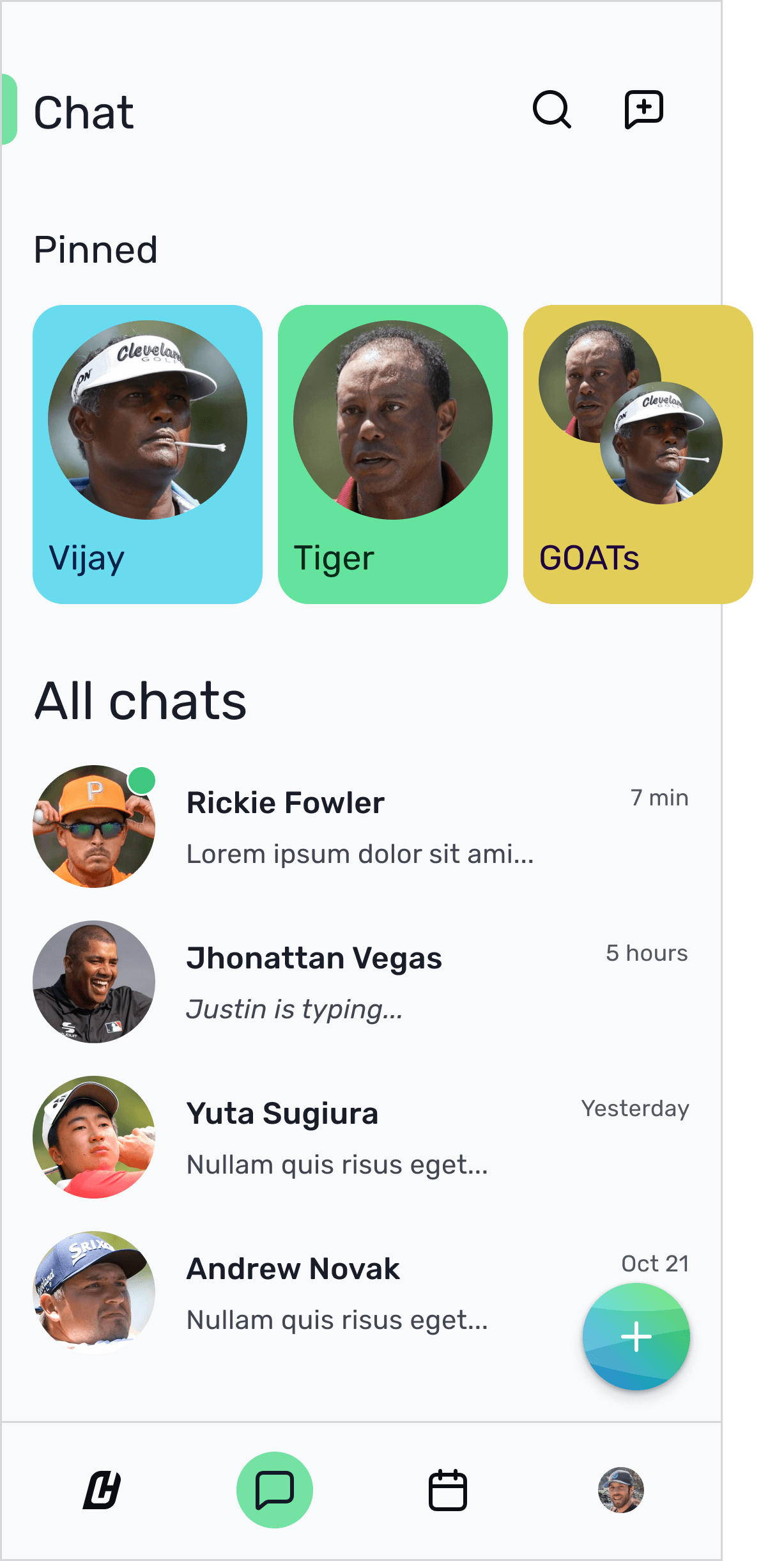 The Chat screen: pinned conversations with Vijay, Tiger and a GOATs group, an All chats list with recent messages, and the app's bottom navigation
