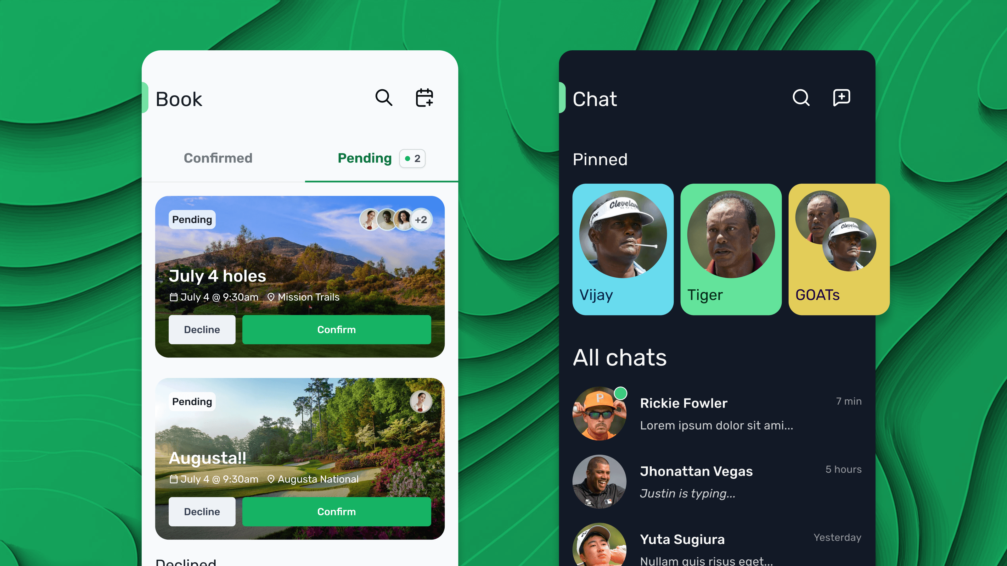 Two Clubhouse app screens on a green background: a Book screen listing pending tee times to confirm or decline, and a Chat screen with pinned and recent conversations