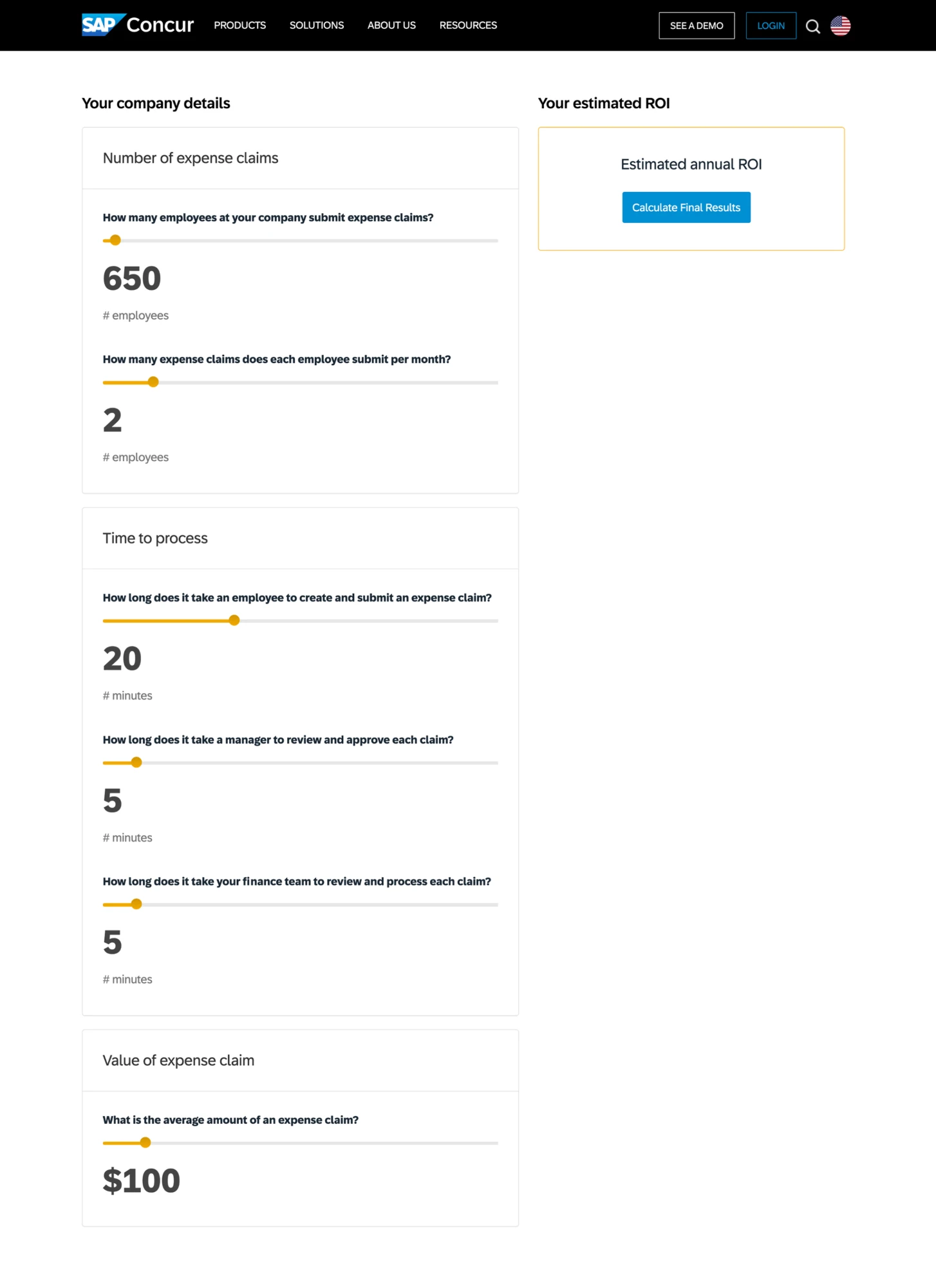 The SAP Concur Expense ROI Calculator: slider inputs for number of expense claims, time to process, and average claim value on the left, and an Estimated annual ROI panel with a Calculate Final Results button on the right