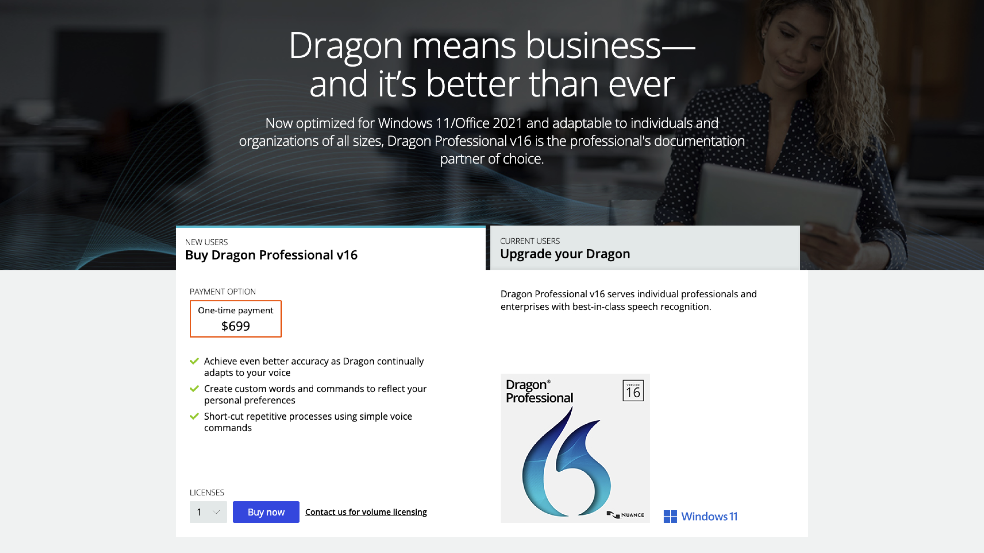 A Dragon Professional v16 product page on nuance.com, built on the Nuance Design System